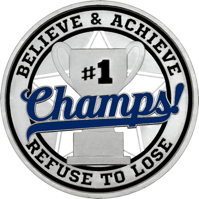 Navy Blue "Champs!" with Black Outer Circular Borders